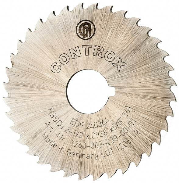 Controx - 2-1/2" Diam x 0.0938" Blade Thickness x 5/8" Arbor Hole Diam, 36 Tooth Slitting and Slotting Saw - Arbor Connection, Right Hand, Uncoated, Cobalt, 15° Rake, Concave Ground, Contains Keyway - Americas Tooling