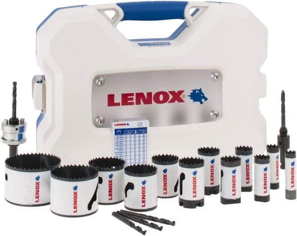 Lenox - 17 Piece, 5/8" to 3" Saw Diam, Contractor's Hole Saw Kit - Bi-Metal, Varied Toothing, Pilot Drill Model No. 4321, Includes 12 Hole Saws - Americas Tooling