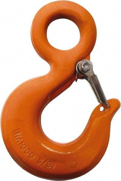 CM - Chain Grade 100, 15,000 Lbs. Load Limit Eye Rigging Hook with Latch - 1-1/2 Inch Hook Throat, 5.78 Inch Reach, 1.56 Inch Eye Inside Diameter, 1/2 Inch Chain Diameter, 7.97 Inch Overall Length, 3/4 Inch Eye Thickness - Americas Tooling