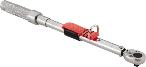 Proto - 3/8" Drive Micrometer Ratchet Head Tethered Torque Wrench - 20 Ft/Lb to 100 Ft/Lb Torque, 17" OAL, 1/2 Ft/Lb Graduation, Pear Head - Americas Tooling