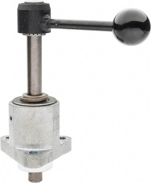 De-Sta-Co - 9,000 N Capacity, M8 Plunger, 16mm Plunger Diam, Flange Mt, One Hand, Hand Lever Actuation, Variable Stroke Straight Line Action Clamp - 60mm Max Rapid Stroke, 4mm Max Clamping Stroke, 9mm Mt Hole Diam, 73mm Overall Height, 196mm OAL - Americas Tooling