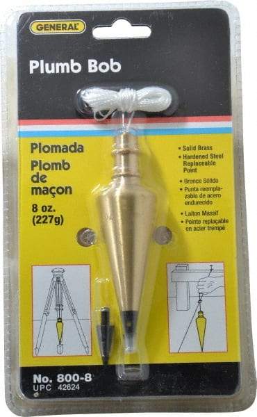 General - 4-1/2 Inch Long, 1-3/16 Inch Diameter Brass Plumb Bob - 8 Ounce, Has Replacable Tip - Americas Tooling