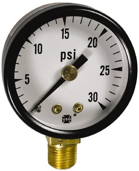 Pressure Gauge: 2-1/2″ Dial, 0 to 300 psi, 1/4″ Thread, NPT, Lower Mount Steel Case, Brass Wetted Parts, 3-2-3% of Scale Accuracy