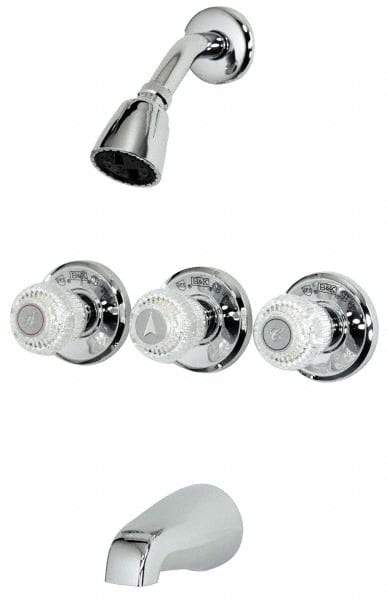 B&K Mueller - Concealed, Three Handle, Chrome Coated, Brass, Valve, Shower Head and Tub Faucet - Knob Handles, 8 Inch Mounting Centers, Acrylic Handles - Americas Tooling