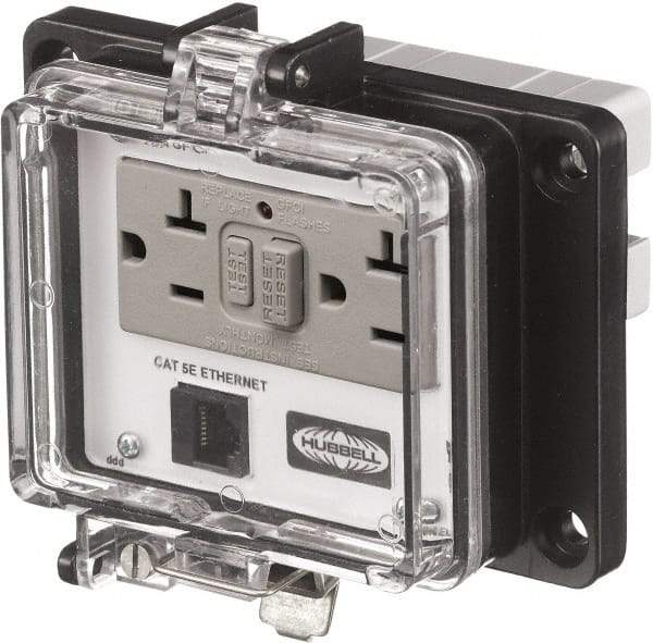 Hubbell Wiring Device-Kellems - 1 Port, 3 Power Receptacle, Ethernet, Clear Data Port Receptacle - 4.79 Inch Long x 1.61 Inch Deep x 5.8 Inch Wide, Aluminum, Surface Mount, Gray - Americas Tooling