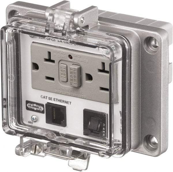 Hubbell Wiring Device-Kellems - 1 Port, 3 Power Receptacle, Ethernet, Clear Data Port Receptacle - 4.79 Inch Long x 1.61 Inch Deep x 5.08 Inch Wide, Aluminum, Surface Mount, Gray - Americas Tooling