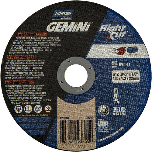 6 x .045 × 7/8″ Gemini RightCut Right Angle Cut-Off Wheel A 36 Q B Type 01/41 - Americas Tooling