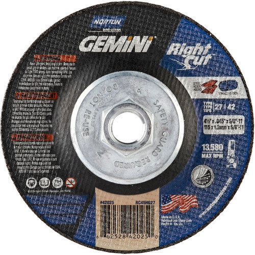 ‎4-1/2 x .045 × 5/8 - 11″ Gemini RightCut Cutting Wheel A 24 T BDA3 Type 27/42 - Americas Tooling