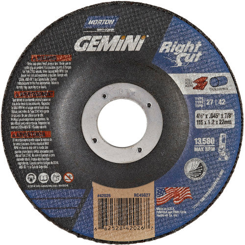 ‎4-1/2 x .045 × 7/8″ Gemini RightCut Cutting Wheel A 24 R B Type 27/42 - Americas Tooling