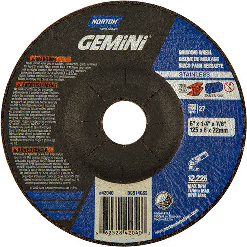 5 × 1/4 × 7/8″ Gemini INOX/SS Grinding Wheel A 24 Q BDA Type 27 - Americas Tooling