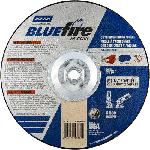 9″ × 1/8″ × 5/8″ BlueFire Non-Woven Depressed Center Wheel Type 27 Zirconia Alumina / Aluminum Oxide - Americas Tooling