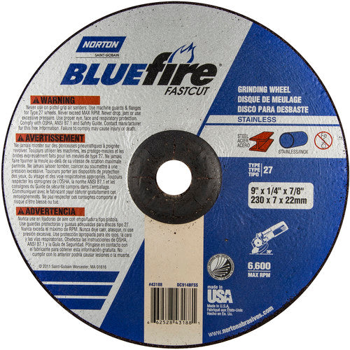 9″ × 1/4″ × 7/8″ BlueFire Non-Woven Depressed Center Wheel Type 27 Zirconia Alumina / Aluminum Oxide - Americas Tooling