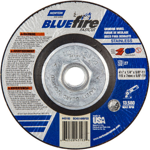 ‎4-1/2″ × 1/4″ × 5/8″ BlueFire Non-Woven Depressed Center Wheel Type 27 - Americas Tooling