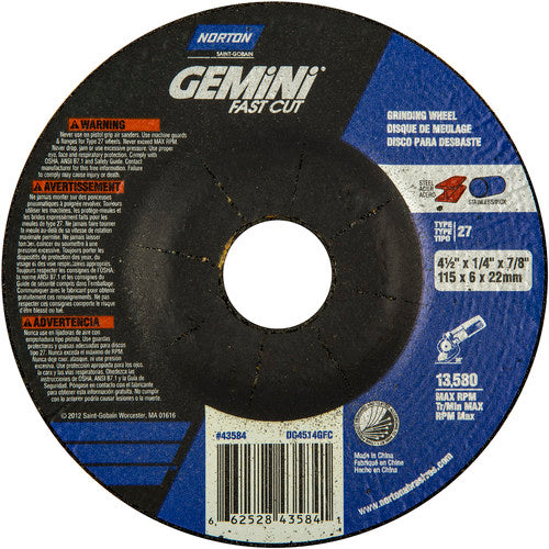 ‎4-1/2 × 1/4 × 7/8″ Gemini Fast Cut Grinding Wheel A 24 N BDA Type 27 - Americas Tooling