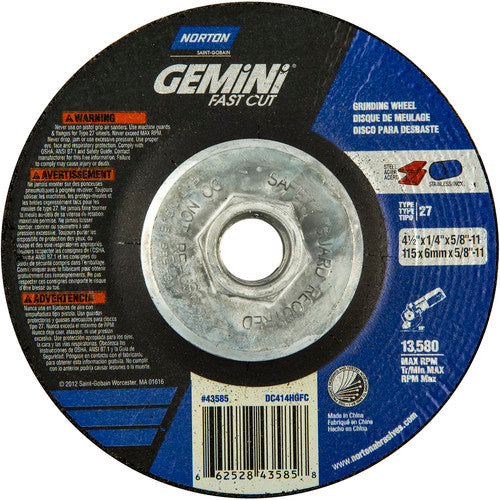 ‎4-1/2 × 1/4 × 5/8 - 11″ Gemini Fast Cut Grinding Wheel A 24 N BDA Type 27 - Americas Tooling