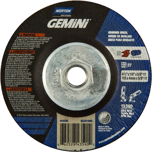 ‎4-1/2 × 1/8 × 5/8 - 11″ Gemini Long Life Grinding Wheel A 24 Q BDA Type 27 - Americas Tooling