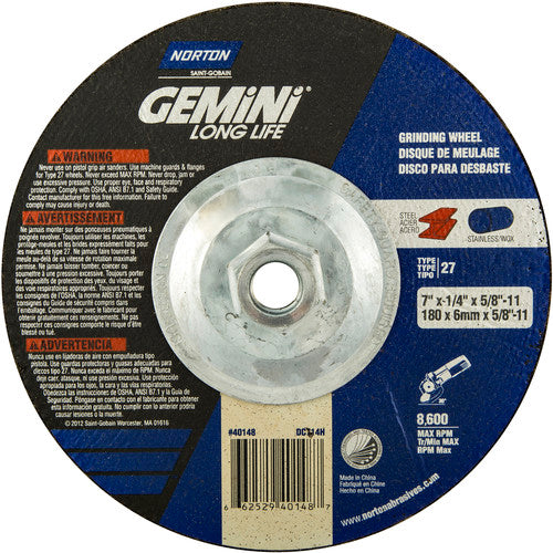 ‎7 × 1/4 × 5/8 - 11″ Gemini Long Life Grinding Wheel A 24 S Type 27 - Americas Tooling