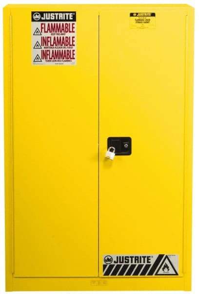 Justrite - 2 Door, 5 Shelf, Yellow Steel Standard Safety Cabinet for Flammable and Combustible Liquids - 65" High x 43" Wide x 18" Deep, Manual Closing Door, 3 Point Key Lock, 60 Gal Capacity - Americas Tooling