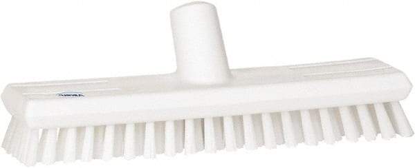 Vikan - 1" Bristle Length, Polyester Scrub Brush - 10-5/8" Long x 2-1/2" Wide Head, 11" OAL, European Threaded Handle, White, Polypropylene Block - Americas Tooling