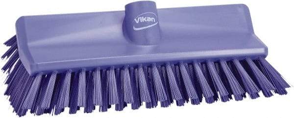 Vikan - 1-1/2" Bristle Length, Polyester Scrub Brush - 10" Long x 5-1/2" Wide Head, 10-25/64" OAL, European Threaded Handle, Purple, Polypropylene Block - Americas Tooling