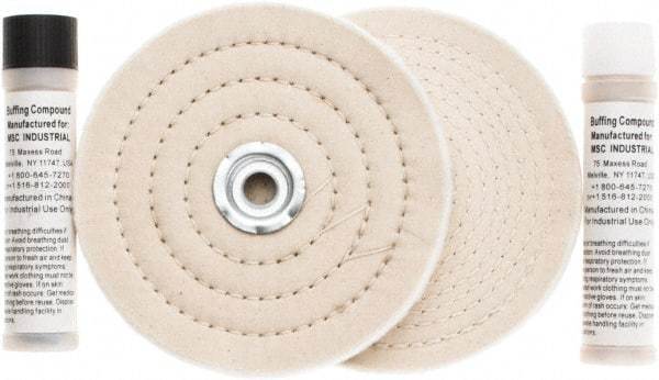 Value Collection - 6" Diam Cushion Sewn, Spiral Sewn Buffing Wheel Set - 1/2 & 7/8" Arbor Hole - Americas Tooling