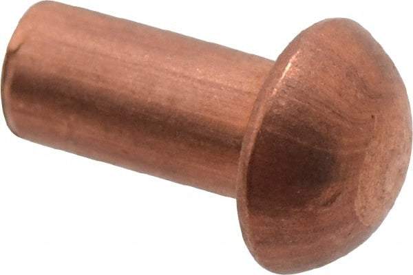 Made in USA - 1/8" Body Diam, Round Copper Solid Rivet - 1/4" Length Under Head - Americas Tooling