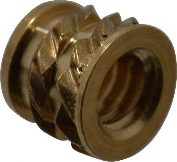 E-Z LOK - #2-56, 0.118" Small to 0.123" Large End Hole Diam, Brass Single Vane Tapered Hole Threaded Insert - 0.136" Insert, 0.122" Pilot Diam, 0.115" OAL, 0.08" Min Wall Thickness - Americas Tooling