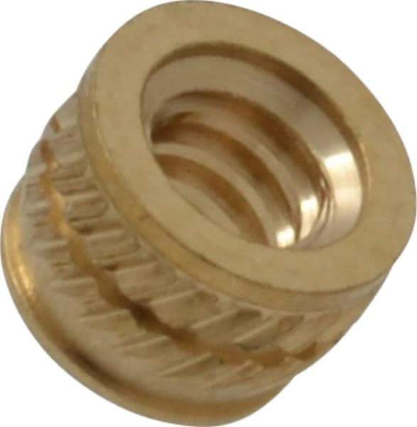 E-Z LOK - #6-32, 0.199" Small to 0.206" Large End Hole Diam, Brass Single Vane Tapered Hole Threaded Insert - 0.22" Insert, 0.203" Pilot Diam, 0.15" OAL, 0.116" Min Wall Thickness - Americas Tooling