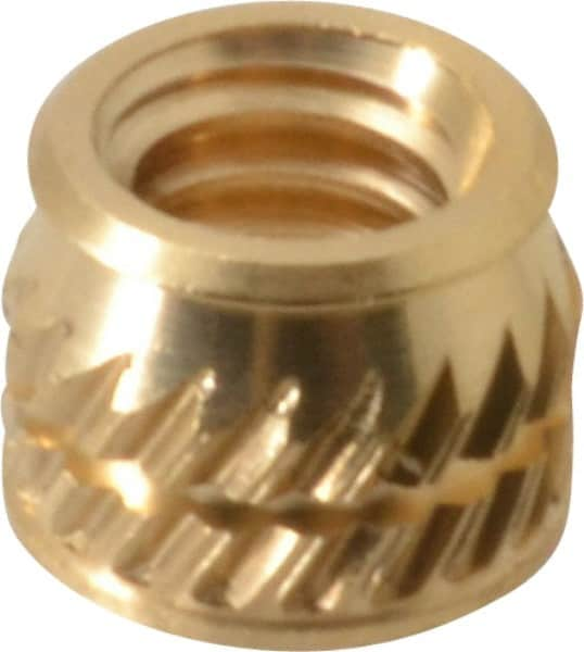 E-Z LOK - #8-32, 0.226" Small to 0.234" Large End Hole Diam, Brass Single Vane Tapered Hole Threaded Insert - 1/4" Insert, 0.23" Pilot Diam, 0.185" OAL, 0.133" Min Wall Thickness - Americas Tooling