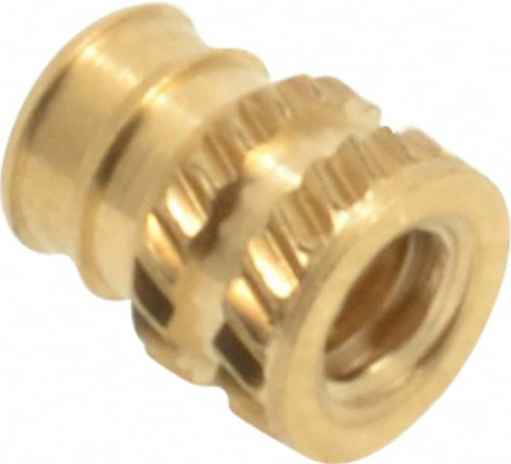 E-Z LOK - #4-40, 0.141" Small to 0.159" Large End Hole Diam, Brass Double Vane Tapered Hole Threaded Insert - 0.172" Insert, 0.144" Pilot Diam, 7/32" OAL, 0.093" Min Wall Thickness - Americas Tooling