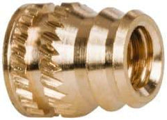 E-Z LOK - #6-32, 0.185" Small to 0.206" Large End Hole Diam, Brass Double Vane Tapered Hole Threaded Insert - 0.22" Insert, 0.19" Pilot Diam, 1/4" OAL, 0.116" Min Wall Thickness - Americas Tooling