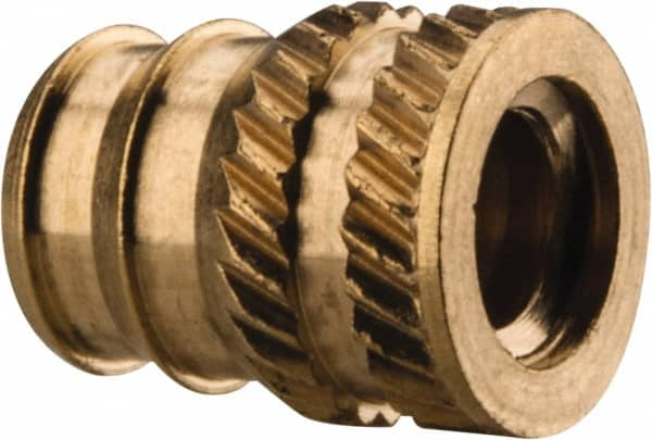 E-Z LOK - #10-24, 0.246" Small to 0.277" Large End Hole Diam, Brass Double Vane Tapered Hole Threaded Insert - 19/64" Insert, 1/4" Pilot Diam, 3/8" OAL, 0.159" Min Wall Thickness - Americas Tooling