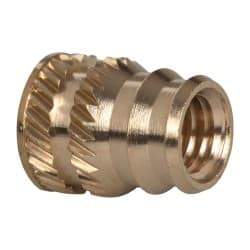 E-Z LOK - #10-32, 0.246" Small to 0.277" Large End Hole Diam, Brass Double Vane Tapered Hole Threaded Insert - 19/64" Insert, 1/4" Pilot Diam, 3/8" OAL, 0.159" Min Wall Thickness - Americas Tooling