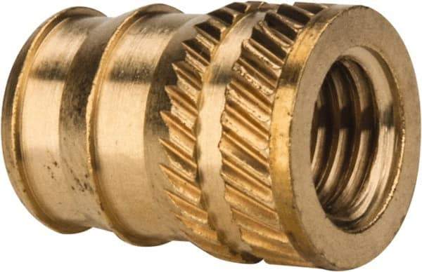 E-Z LOK - 1/4-28, 0.321" Small to 0.363" Large End Hole Diam, Brass Double Vane Tapered Hole Threaded Insert - 3/8" Insert, 0.332" Pilot Diam, 1/2" OAL, 0.194" Min Wall Thickness - Americas Tooling