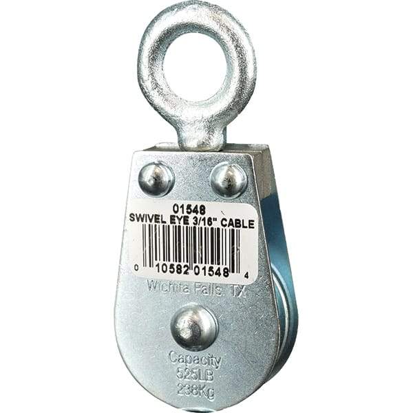 Block Division - 525 Lbs. Load Limit, Swivel Eye Standard Block - Single Sheave, 1-1/2 Inch Outside Diameter, Wire Rope, 3/16 Inch Diameter, Eye, 5/8 Inch Inside Diameter, Carbon Steel, Zinc Plated Finish - Americas Tooling