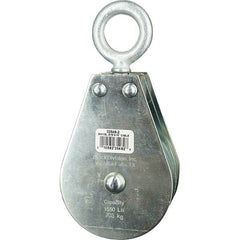 Block Division - 1, 550 Lbs. Load Limit, Swivel Eye Standard Block - Double Sheave, 3-1/2 Inch Outside Diameter, Wire Rope, 5/16 Inch Diameter, Eye, 1-3/16 Inch Inside Diameter, Carbon Steel, Zinc Plated Finish - Americas Tooling