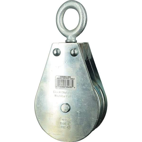 Block Division - 1, 550 Lbs. Load Limit, Swivel Eye Snatch Block - Double Sheave, 3-3/4 Inch Outside Diameter, Wire Rope, 5/16 Inch Diameter, Eye, 1-3/16 Inch Inside Diameter, Carbon Steel, Zinc Plated Finish - Americas Tooling