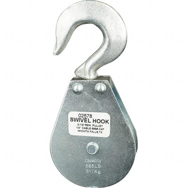 Block Division - 685 Lbs. Load Limit, Swivel Hook Block - Single Sheave, 2-1/2 Inch Outside Diameter, Wire Rope, 1/4 Inch Diameter, Eye, 3/8 Inch Inside Diameter, Carbon Steel, Zinc Plated Finish - Americas Tooling