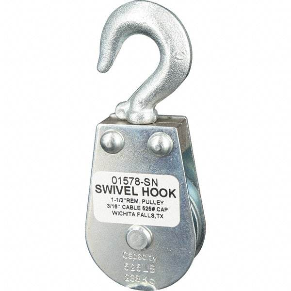 Block Division - 525 Lbs. Load Limit, Swivel Hook Block - Single Sheave, 1-5/8 Inch Outside Diameter, Wire Rope, 3/16 Inch Diameter, Eye, 3/8 Inch Inside Diameter, Carbon Steel, Zinc Plated Finish - Americas Tooling