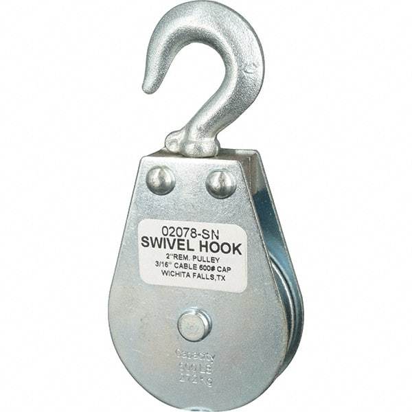 Block Division - 600 Lbs. Load Limit, Swivel Hook Block - Single Sheave, 2-1/8 Inch Outside Diameter, Wire Rope, 3/16 Inch Diameter, Eye, 3/8 Inch Inside Diameter, Carbon Steel, Zinc Plated Finish - Americas Tooling