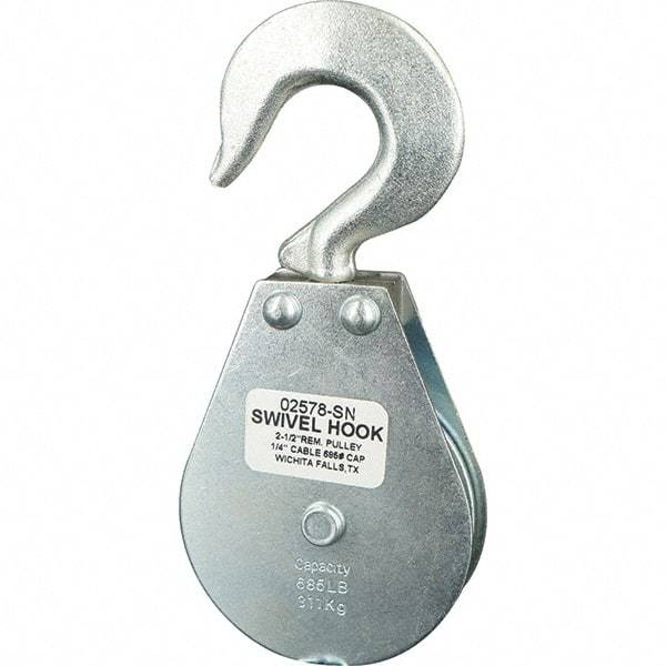 Block Division - 685 Lbs. Load Limit, Swivel Hook Block - Single Sheave, 2-5/8 Inch Outside Diameter, Wire Rope, 1/4 Inch Diameter, Eye, 3/8 Inch Inside Diameter, Carbon Steel, Zinc Plated Finish - Americas Tooling