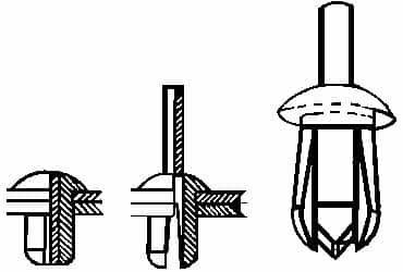 Made in USA - Round Head Nylon Push Mount Blind Rivet - Nylon Mandrel, 0.093" to 0.35" Grip, 0.38" Head Diam, 0.187" Max Hole Diam, 0.45" Length Under Head, 1/8" Body Diam - Americas Tooling