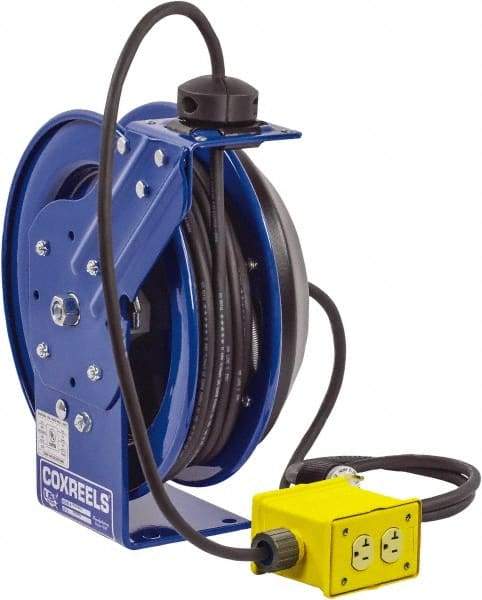 CoxReels - 12 AWG, 100' Cable Length, Cord & Cable Reel with Quad Outlet End - 4 Outlets, NEMA 5-20R, 20 Amps, 115 Volts, SJO Cable, Blue Reel, Spring Driven Reel - Americas Tooling