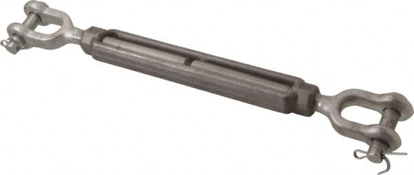 Made in USA - 2,200 Lb Load Limit, 1/2" Thread Diam, 6" Take Up, Stainless Steel Jaw & Jaw Turnbuckle - 7-1/2" Body Length, 3/4" Neck Length, 13" Closed Length - Americas Tooling