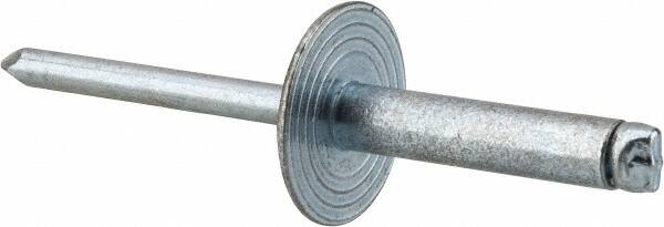 RivetKing - Size 610 Large Flange Dome Head Steel Open End Blind Rivet - Steel Mandrel, 0.501" to 5/8" Grip, 5/8" Head Diam, 0.192" to 0.196" Hole Diam, 0.825" Length Under Head, 3/16" Body Diam - Americas Tooling