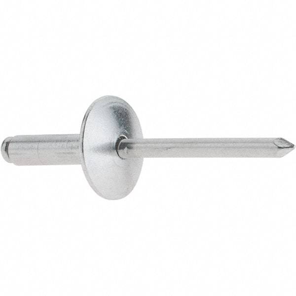 RivetKing - Size 68 Large Flange Dome Head Aluminum Open End Blind Rivet - Aluminum Mandrel, 0.376" to 1/2" Grip, 5/8" Head Diam, 0.192" to 0.196" Hole Diam, 0.7" Length Under Head, 3/16" Body Diam - Americas Tooling