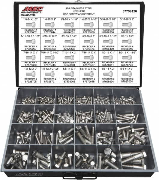 Value Collection - 375 Piece Stainless Steel Hex Head Cap Screws - 1/4-20 to 5/8-11 Thread, 18-8 - Americas Tooling