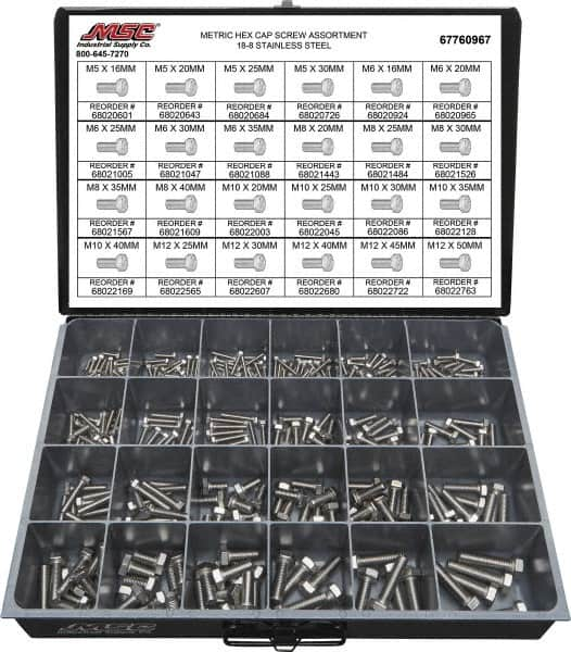 Value Collection - 330 Piece Stainless Steel Hex Head Cap Screws - M5 to M12 Thread, 18-8 - Americas Tooling