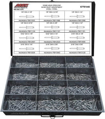 Value Collection - 1,100 Piece, 1/8 to 3/16" Hole Diam, Dome Head, Steel Blind Rivet Assortment - 1/8 to 5/8" Length, Steel Mandrel - Americas Tooling