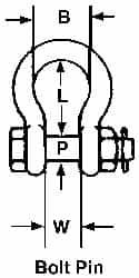 Campbell - 1-3/4" Nominal Chain Size, 25. Ton Carbon Steel Bolt Anchor Shackle - 1-3/4" Diam, 1-3/4" Pin Diam, 7" High x 2-7/8" Wide Inside Jaw, 4-3/4" Inside Width, 4" Max Body Thickness - Americas Tooling